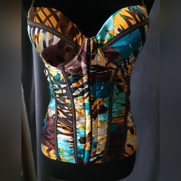 Teal/Aqua/Turquoise/Gold/Brown Corset Top With Straps - Picture 5 of 8